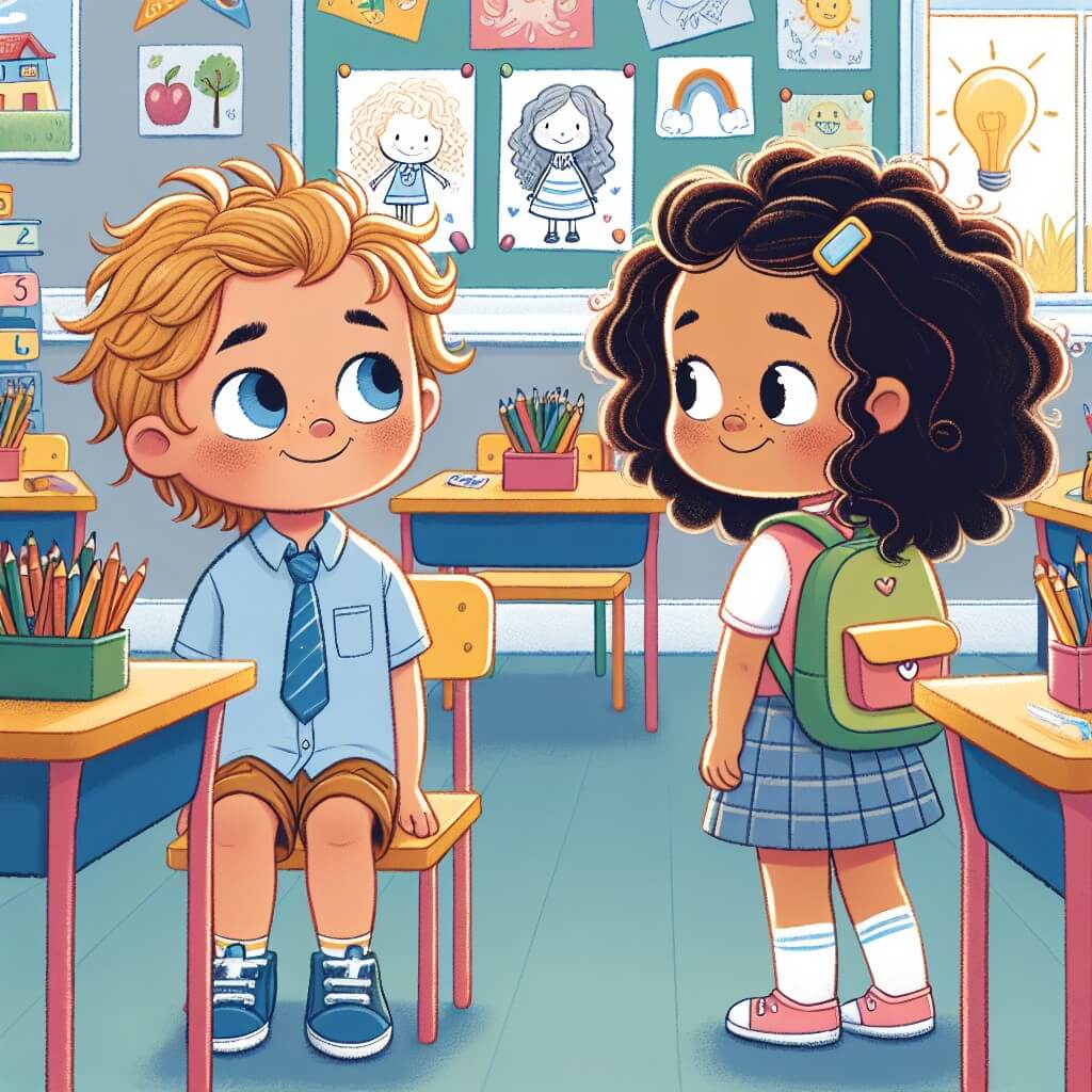 Une illustration destinée aux enfants représentant un jeune garçon timide et curieux, faisant face à son premier jour d'école où il rencontre une fille aux cheveux bouclés, dans une salle de classe lumineuse remplie de pupitres colorés, de livres et de dessins accrochés aux murs.