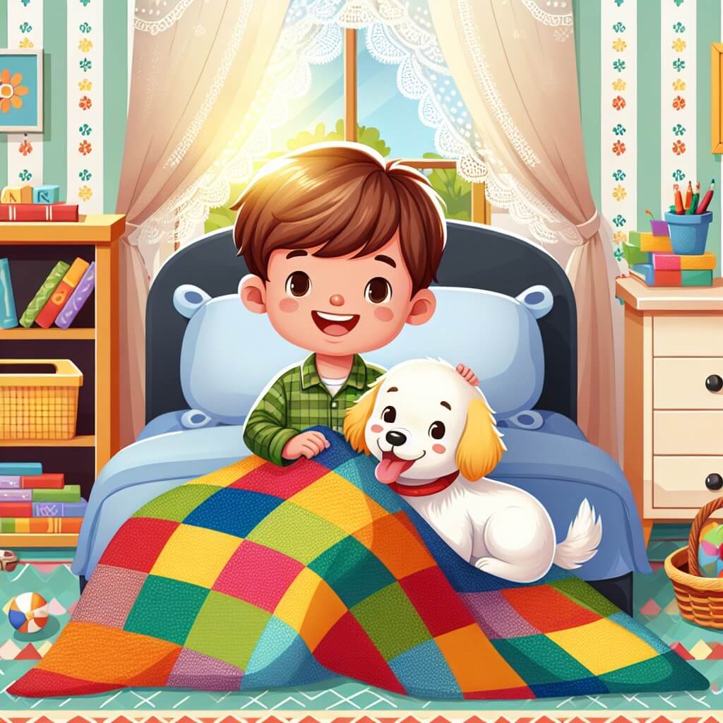 Une illustration destinée aux enfants représentant un petit garçon souriant, allongé dans un lit avec une couverture colorée, accompagné de son fidèle chien blanc, dans une chambre remplie de jouets et de livres, avec des rayons de soleil filtrant à travers les rideaux en dentelle.