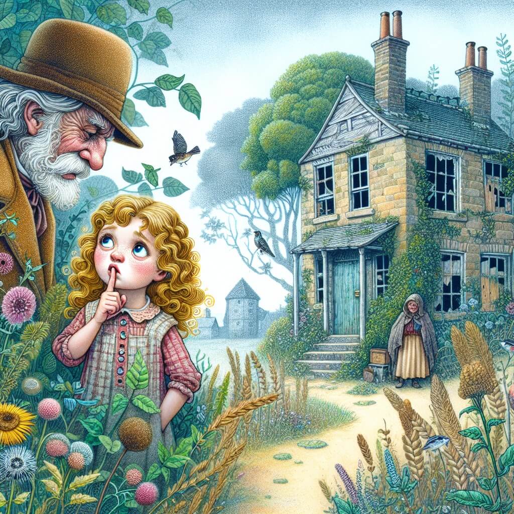 Une illustration destinée aux enfants représentant une petite fille aux boucles d'or, confrontée à la tentation de mentir, avec un mystérieux vieil homme dans une maison abandonnée, entourée d'herbes folles et de fenêtres brisées, à l'orée d'un village pittoresque.