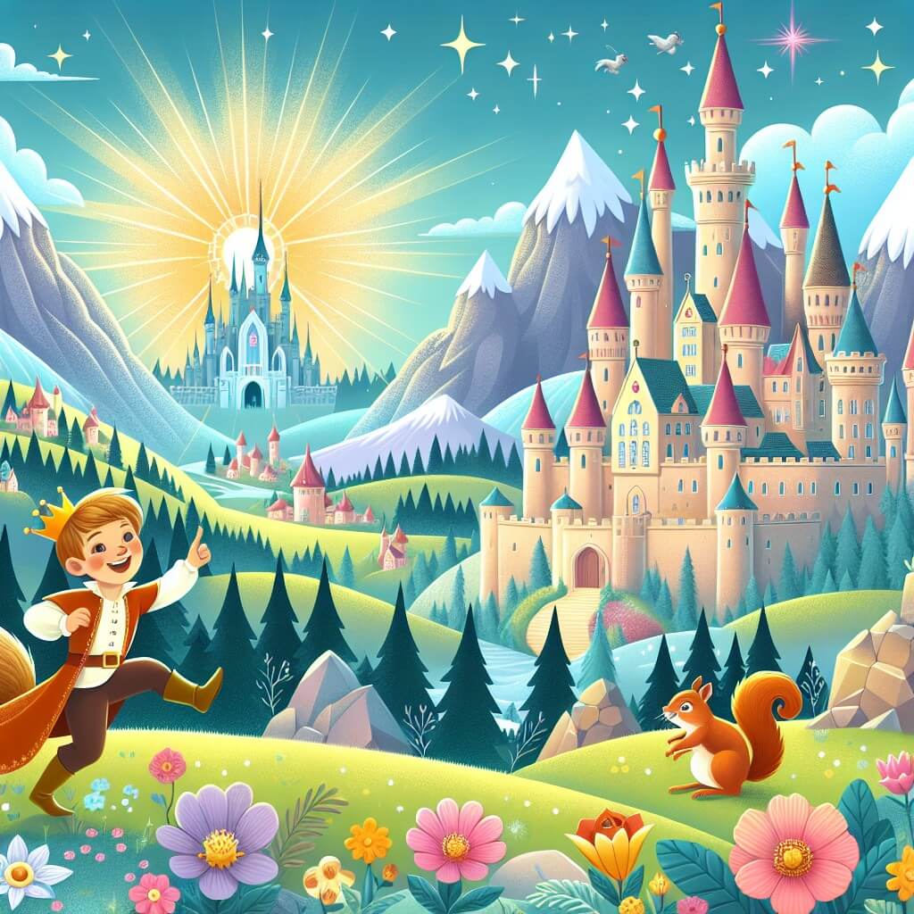 Une illustration destinée aux enfants représentant un prince au cœur joyeux, accompagné d'un écureuil farceur, explorant un royaume enchanté rempli de châteaux scintillants, de fleurs enchantées et de montagnes mystérieuses.