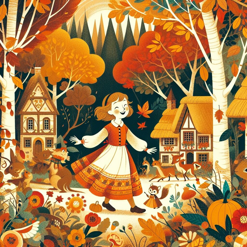 Une illustration destinée aux enfants représentant une fillette joyeuse et curieuse, vêtue d'une robe aux couleurs automnales, qui découvre un monde enchanté dans une forêt aux arbres aux feuilles flamboyantes, entourée d'animaux forestiers et d'une petite fée, le tout se déroulant dans un village pittoresque aux maisons aux toits de chaume et aux rues bordées de lanternes et de décorations d'automne.