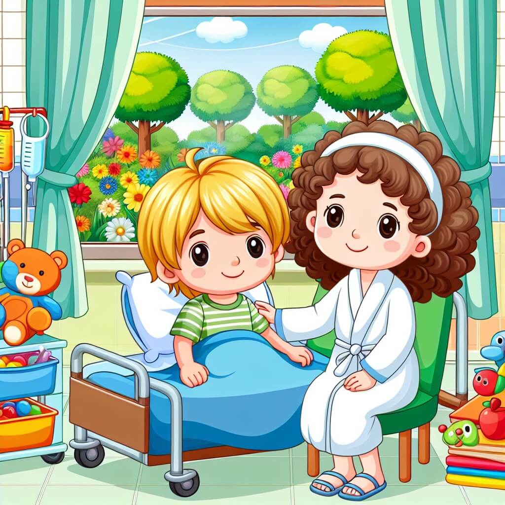Une illustration destinée aux enfants représentant un petit garçon souriant, entouré de jouets et de livres, assis sur un lit d'hôpital, avec une jeune fille aux cheveux bouclés portant une blouse blanche, debout à côté de lui, et une fenêtre donnant sur un jardin verdoyant rempli de fleurs colorées.