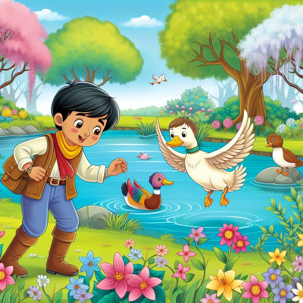 Une illustration destinée aux enfants représentant un jeune garçon curieux et aventureux, découvrant un étang enchanté où un caneton aux plumes multicolores vole gracieusement, dans un parc printanier rempli de fleurs éclatantes et d'arbres en fleurs.