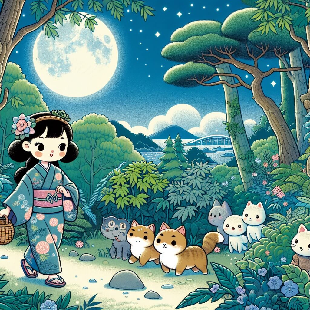 Une illustration destinée aux enfants représentant une femme bienveillante et curieuse, se promenant dans une forêt luxuriante du Japon, accompagnée d'animaux parlants, à la recherche d'un mystérieux trésor volé, dans un paysage baigné par la lueur douce de la lune.