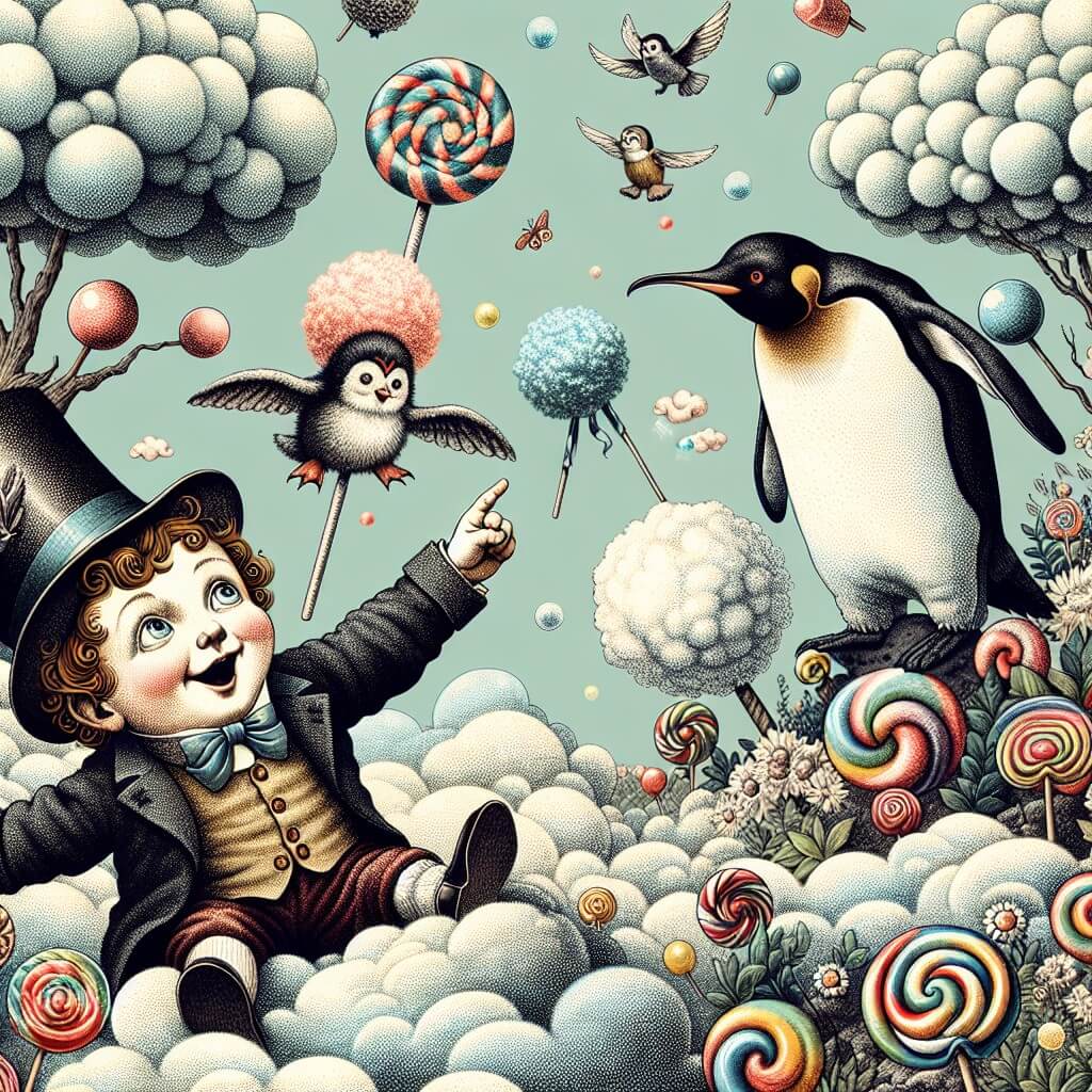 Une illustration destinée aux enfants représentant un petit garçon espiègle, se retrouvant dans une situation loufoque et absurde, accompagné d'un pingouin volant, dans un monde fantastique rempli de nuages en forme de bonbons et d'arbres en barbe à papa.