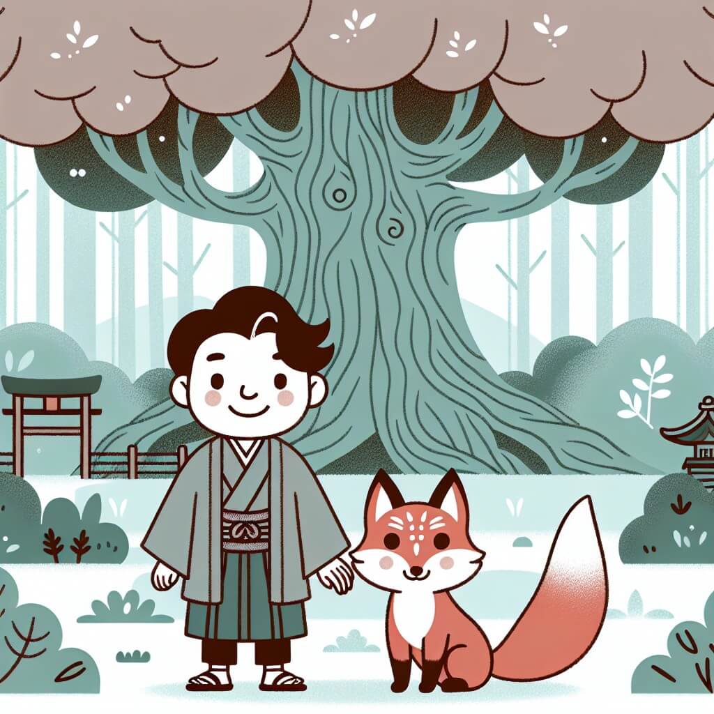 Une illustration destinée aux enfants représentant un homme bienveillant et souriant, se trouvant dans une mystérieuse forêt japonaise, accompagné d'un renard à neuf queues, devant un majestueux arbre au milieu d'une clairière enchantée.