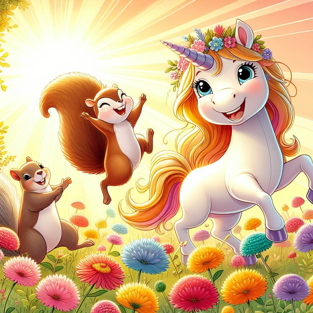 Une illustration destinée aux enfants représentant une licorne joyeuse, accompagnée d'un écureuil farceur, dans une prairie vêtue d'un manteau de fleurs multicolores et baignée d'une douce lumière dorée.