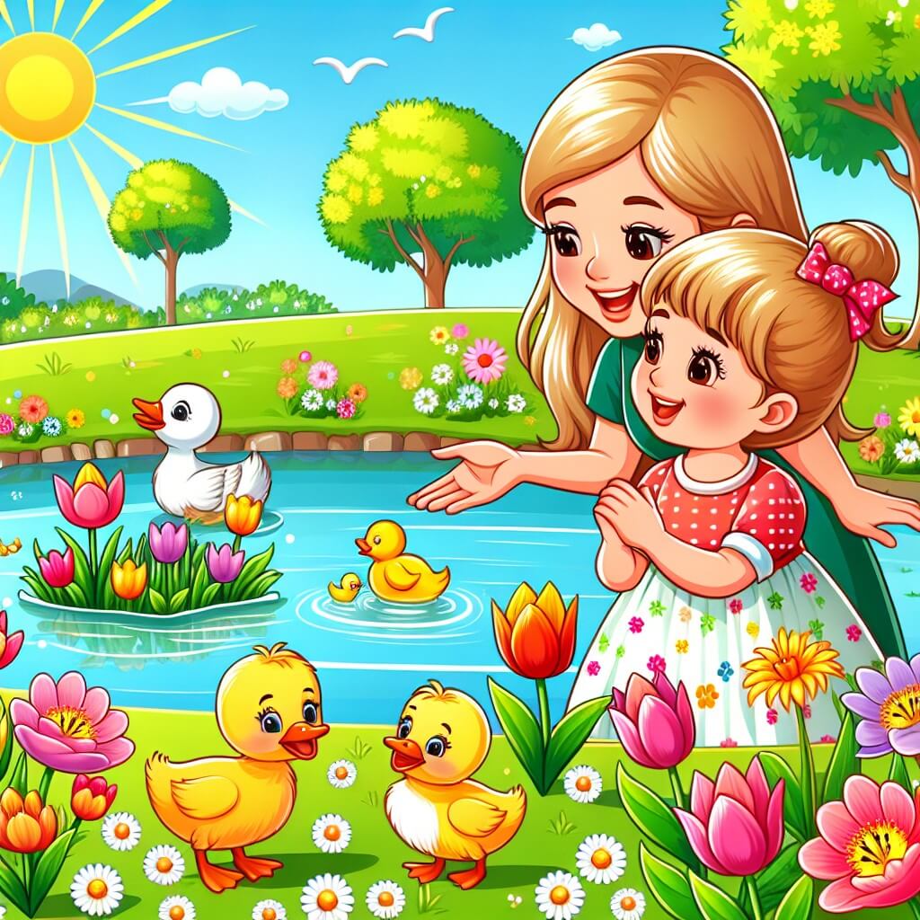 Une illustration destinée aux enfants représentant une jeune fille rayonnante, émerveillée par les fleurs qui bourgeonnent, accompagnée de sa maman, découvrant ensemble un parc verdoyant parsemé de tulipes multicolores et d'adorables canetons nageant dans un étang étincelant sous le soleil printanier de Sunnyville.