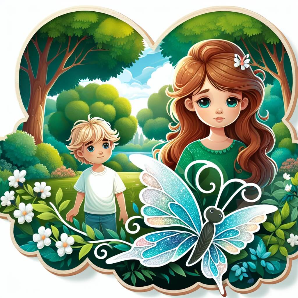 Une illustration destinée aux enfants représentant une petite fille aux boucles brunes, debout dans un paisible parc verdoyant, aux côtés d'un garçon aux cheveux blonds ébouriffés, tandis qu'un papillon aux ailes chatoyantes vole gracieusement devant eux, évoquant ainsi une histoire sur la mort et l'amitié.