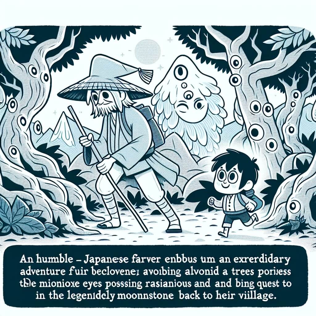 Une illustration destinée aux enfants représentant un humble fermier japonais, plongé dans une aventure extraordinaire aux côtés d'un esprit facétieux, traversant une forêt mystique remplie d'arbres aux yeux brillants et de créatures mythiques, afin de trouver la légendaire Pierre de Lune et ramener la prospérité à son village.