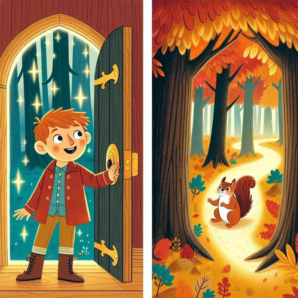 Une illustration destinée aux enfants représentant un jeune garçon curieux et imaginatif, découvrant une porte magique cachée au milieu d'une forêt enchantée aux couleurs chatoyantes de l'automne, où il rencontre un écureuil parlant qui devient son guide dans une quête pour trouver une feuille dorée légendaire.