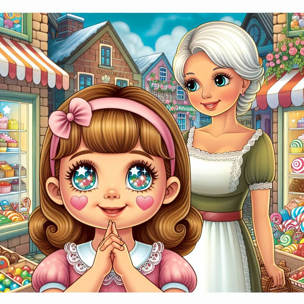 Une illustration destinée aux enfants représentant une petite fille aux yeux pétillants, confrontée à une tentation sucrée, accompagnée de sa douce mère, dans une charmante ville appelée Willowbrook, entourée de rues animées et d'un magasin accueillant rempli de produits colorés.