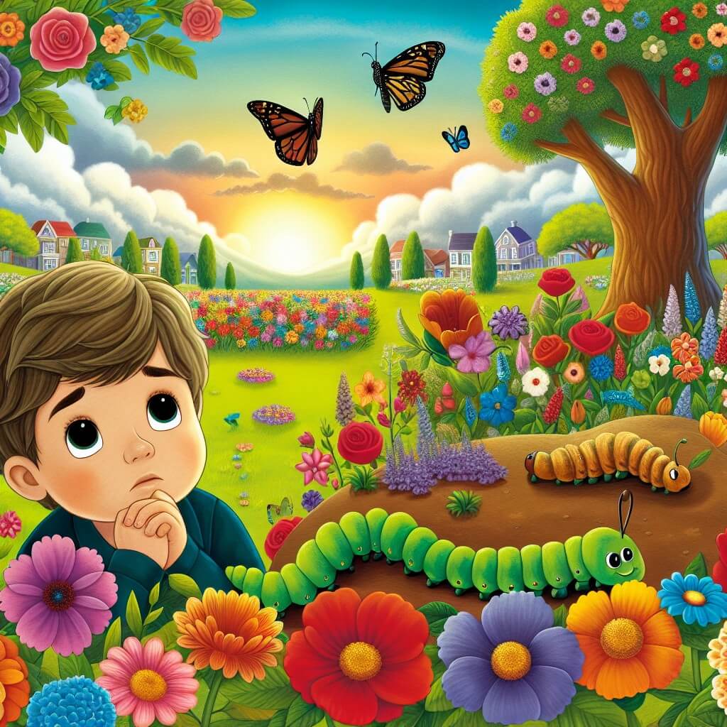 Une illustration destinée aux enfants représentant un jeune garçon au cœur curieux, entouré de fleurs colorées, faisant face à la réalité de la mort avec l'aide d'un papillon et d'une chenille, dans un jardin enchanté rempli de fleurs vibrantes et d'un majestueux chêne, dans la paisible ville de Meadowville.