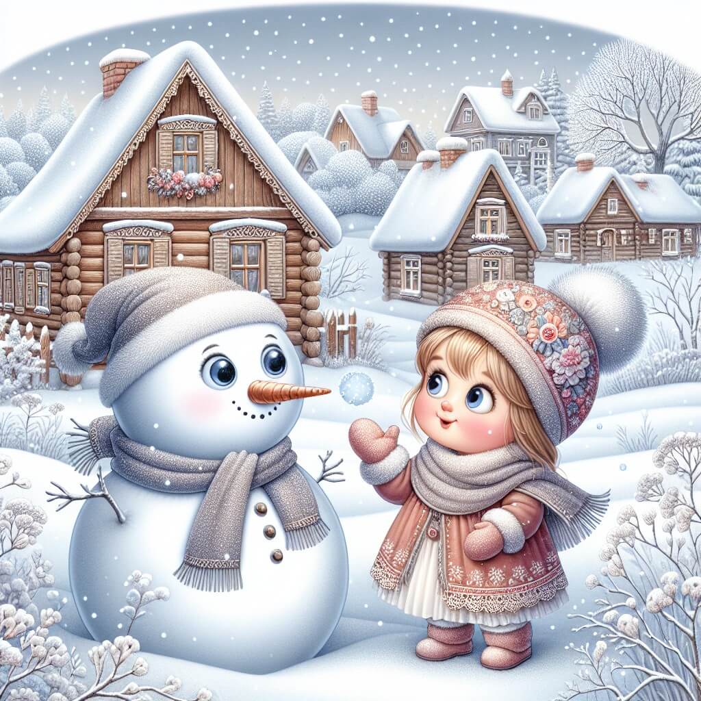 Une illustration destinée aux enfants représentant une adorable petite fille émerveillée par la neige, accompagnée d'un mystérieux bonhomme de neige vivant, dans un paisible village enneigé où les flocons virevoltent doucement autour des maisons en bois aux toits recouverts d'un épais manteau blanc.
