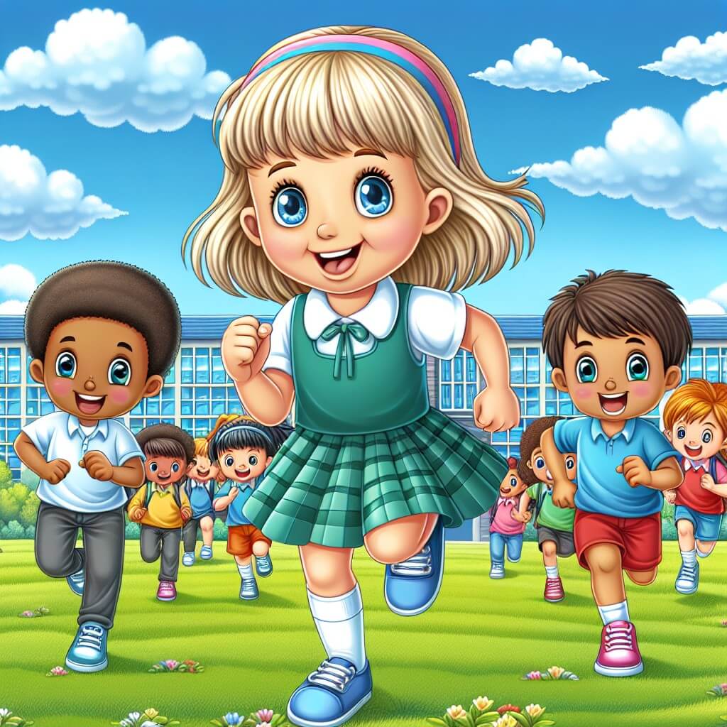 Une illustration destinée aux enfants représentant une petite fille joyeuse et curieuse, entourée de ses camarades de classe, participant avec enthousiasme à une course de l'école sur un champ verdoyant, sous un ciel bleu parsemé de nuages blancs cotonneux, avec un grand bâtiment scolaire en arrière-plan.
