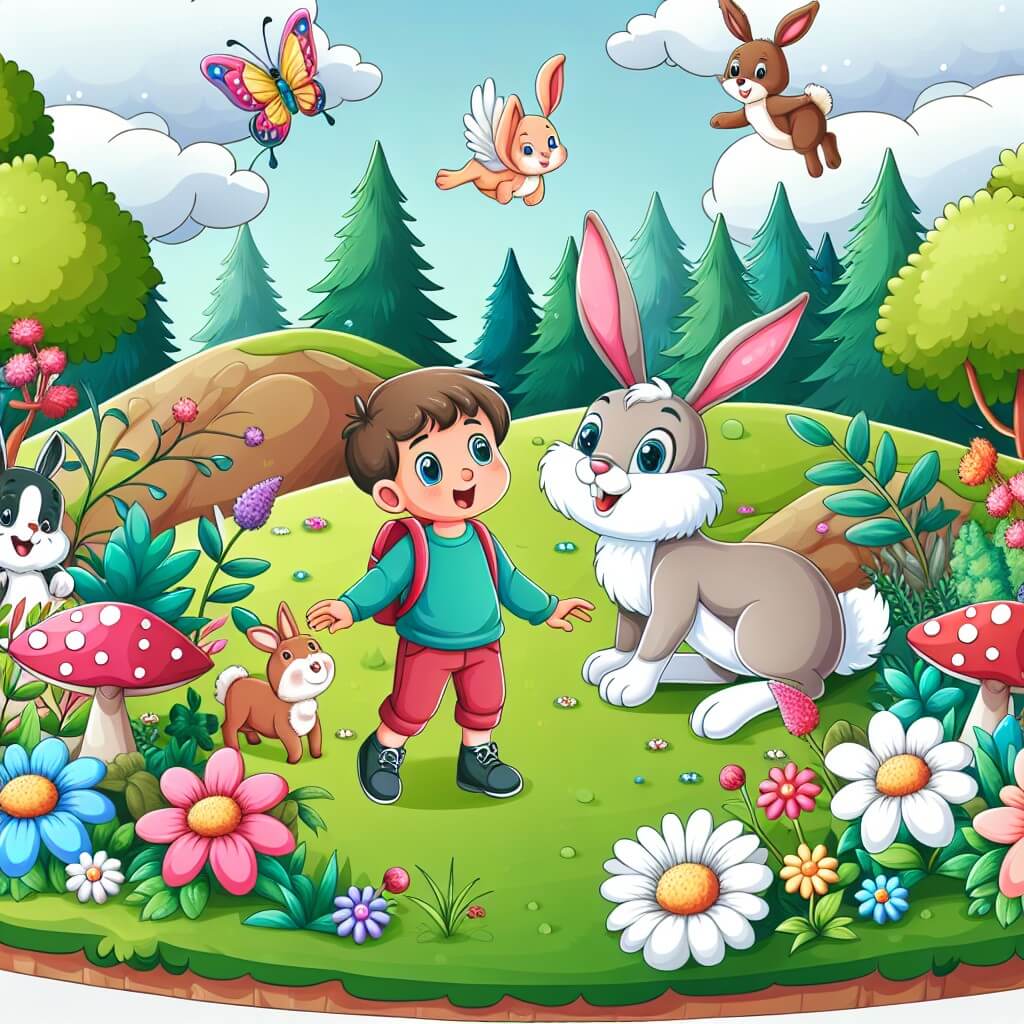 Une illustration destinée aux enfants représentant un jeune garçon plein de curiosité, accompagné d'un lapin espiègle, explorant un paysage magique rempli de fleurs colorées, d'animaux parlants et d'une forêt enchantée.