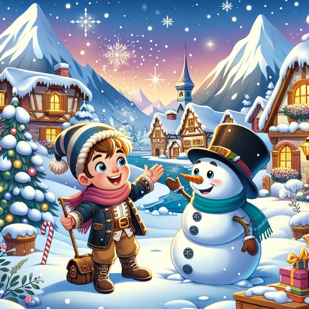 Une illustration destinée aux enfants représentant un jeune garçon enthousiaste, entouré de montagnes enneigées, qui rencontre un bonhomme de neige magique dans un village pittoresque, prêt à vivre une aventure hivernale inoubliable.