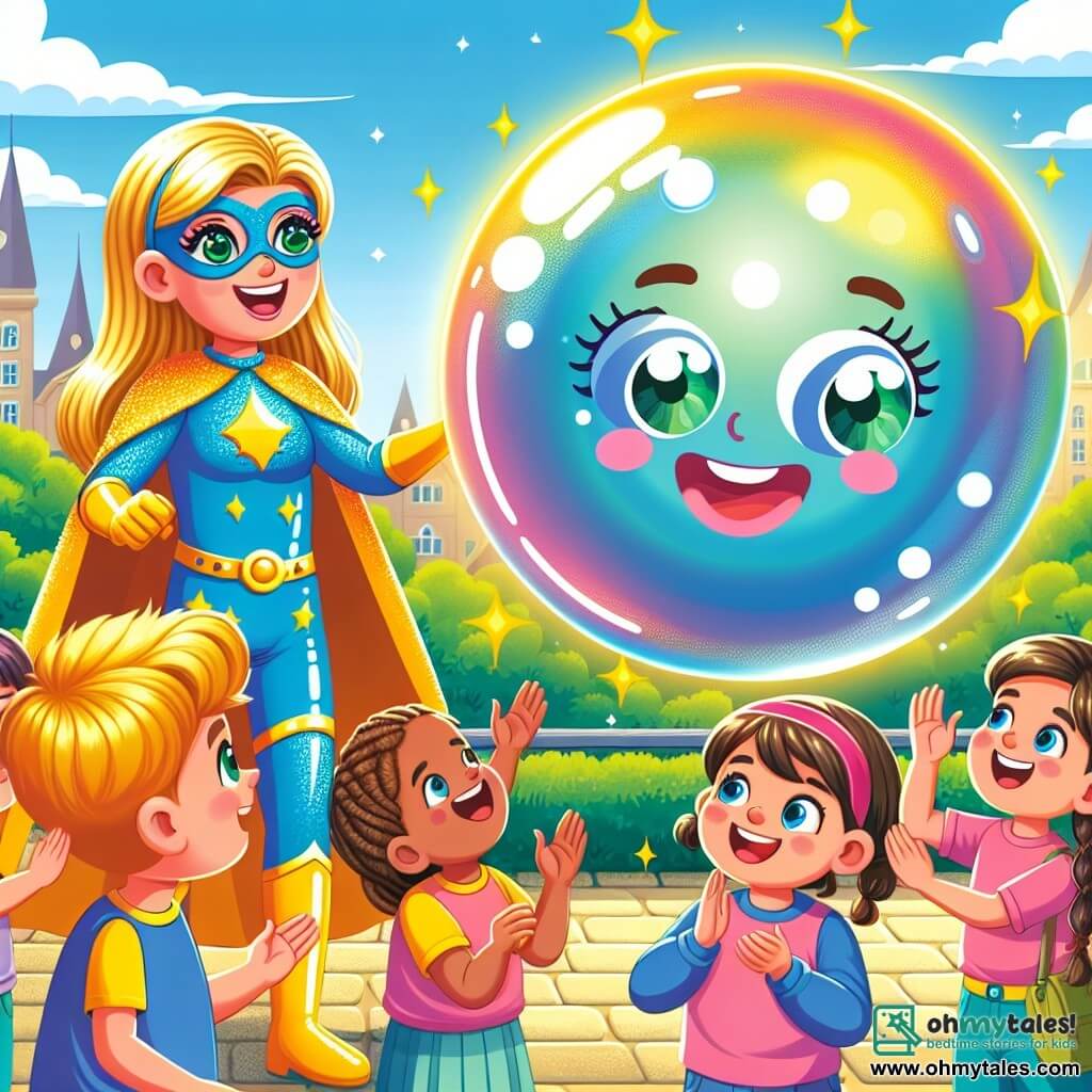 Une illustration sous forme de dessin destinée aux enfants représentant un parc ensoleillé de la ville de Luminous Heights, avec une femme super-héroïne aux cheveux dorés brillants et aux yeux émeraude, vêtue d'un costume coloré scintillant, en train de discuter joyeusement avec un grand ballon en forme de bulle, qui a des yeux ronds et un sourire amical, tandis qu'un groupe d'enfants, dont un garçon aux cheveux bruns et une fille aux tresses, applaudissent et rient autour d'eux, le tout dans une ambiance de camaraderie et de joie, alors qu'ils tentent de résoudre le problème du Giant Bubble qui s'amuse à rebondir sans causer de désordre.