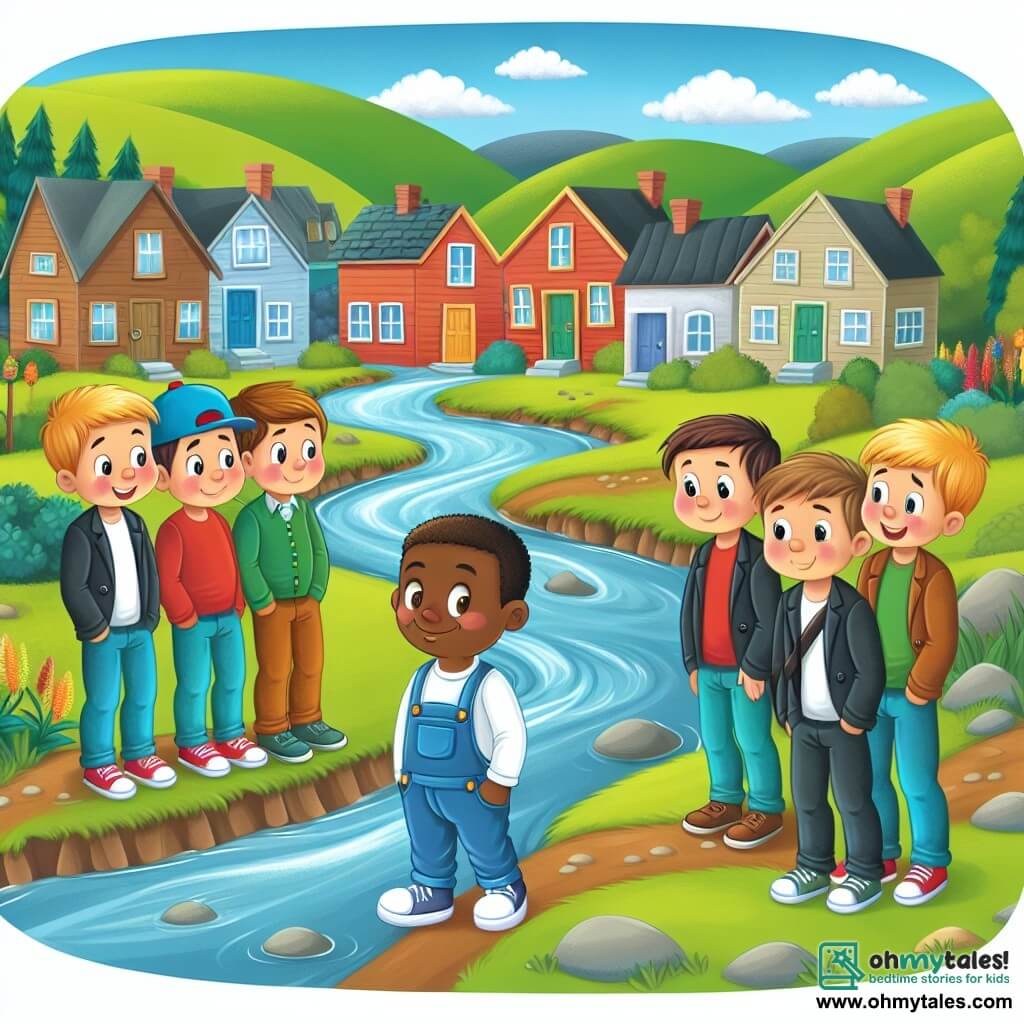 Une illustration destinée aux enfants représentant un garçon au coeur d'une situation où il fait face à des commentaires racistes, accompagné de ses amis diversifiés, dans une petite ville aux collines verdoyantes et aux ruisseaux sinueux.