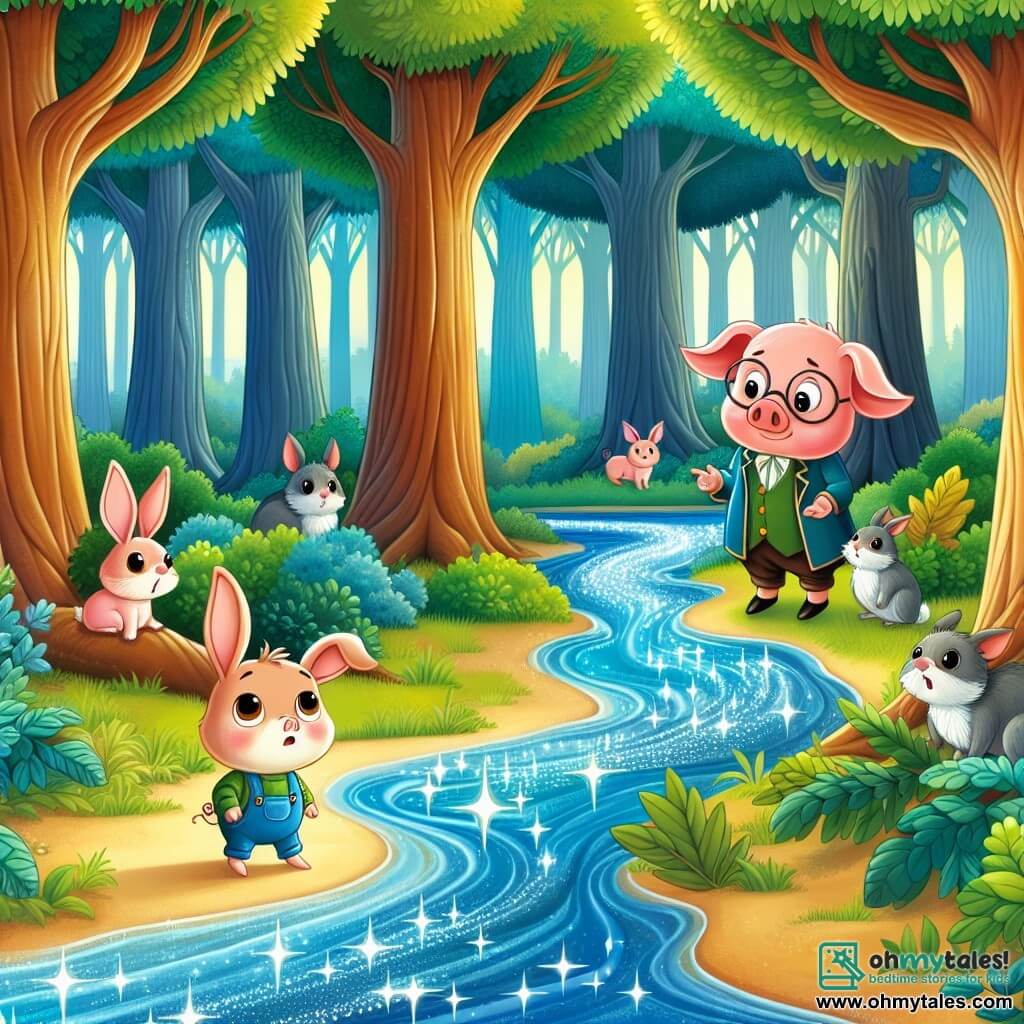 Une illustration destinée aux enfants représentant un jeune cochon sage conseillant des animaux perdus dans une forêt luxuriante, accompagné d'un petit lapin effrayé, près d'un ruisseau étincelant entouré d'arbres majestueux aux feuilles chatoyantes.