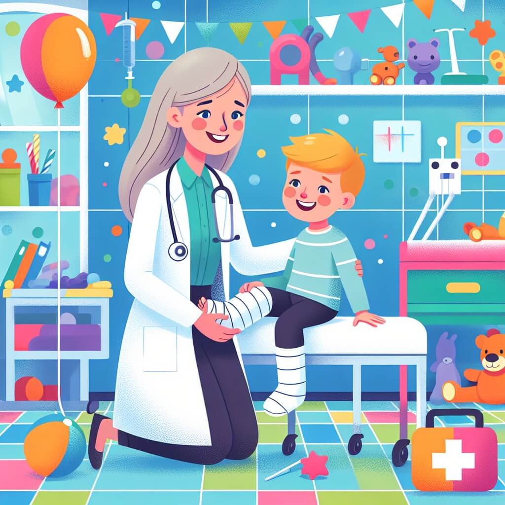 Une illustration destinée aux enfants représentant une femme médecin souriante, vêtue d'une blouse blanche, prenant soin d'un petit garçon avec un plâtre à la jambe, dans une chambre d'hôpital lumineuse et colorée remplie de jouets et de ballons.