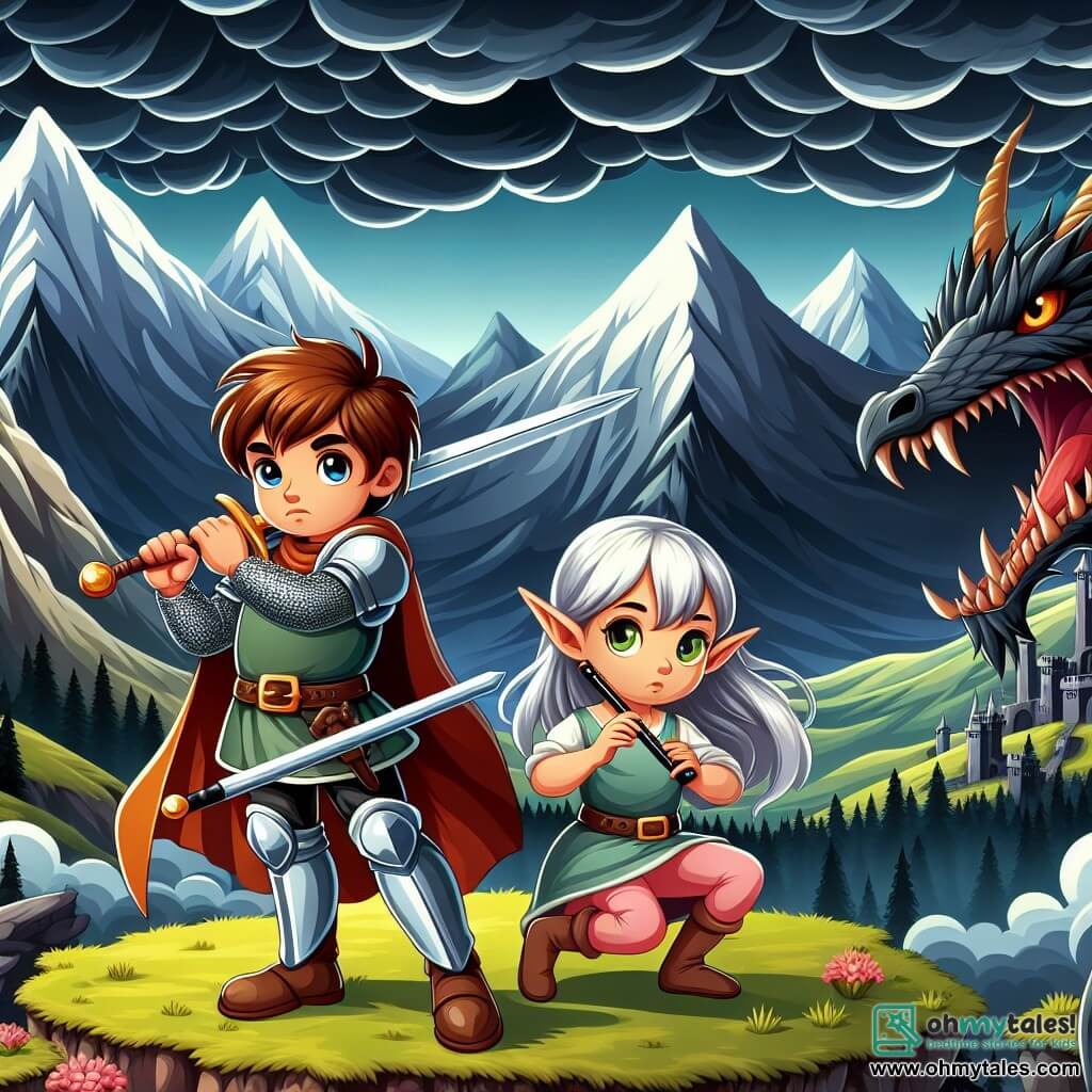 Une illustration sous forme de dessin destinée aux enfants représentant un vaste paysage de montagnes majestueuses sous un ciel orageux, avec un jeune chevalier courageux, un garçon aux cheveux châtains et aux yeux brillants, portant une armure étincelante et brandissant son épée avec détermination, tandis qu'à ses côtés se tient une elfe gracieuse, une fille aux cheveux argentés et aux yeux verts, jouant de la flûte pour apaiser la situation, alors qu'ils se tiennent devant l'entrée d'une caverne sombre, prêts à affronter un dragon menaçant qui a effrayé les villageois.