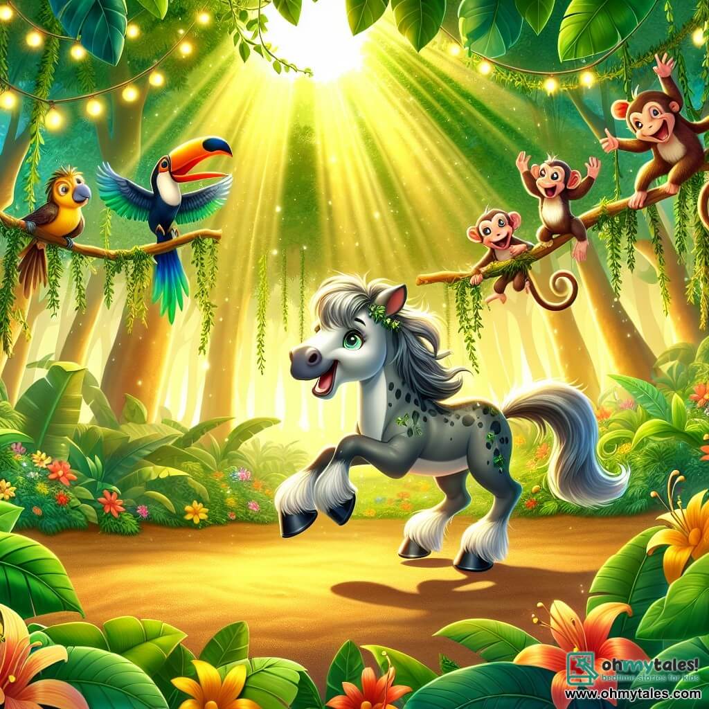 Illustration destinée aux enfants représentant une scène joyeuse dans la clairière ensoleillée de la jungle de Greenleaf, où des feuilles vertes brillent sous les rayons dorés du soleil, entourées de fleurs colorées et de lianes gracieuses. Au centre, un cheval d'un gris dapple, avec une crinière flottante et des yeux pétillants de curiosité, danse joyeusement tout en tenant une invitation dans sa bouche. À ses côtés, une toucan aux plumes éclatantes de couleurs vives s'envole, en criant avec enthousiasme, tandis qu'un groupe de singes espiègles, aux visages malicieux et aux queues enroulées, se balance dans les arbres, tenant des bananes et riant ensemble. La scène dégage une atmosphère de fête, avec des guirlandes de feuilles et des lanternes scintillantes, tandis que le cheval et ses amis préparent une grande fête pleine de rires et d'aventures.