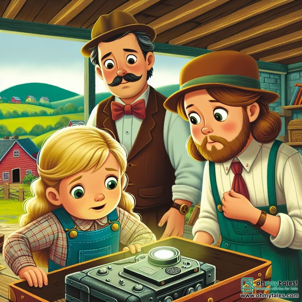 Une illustration destinée aux enfants représentant une fillette curieuse découvrant un mystérieux gadget dans un grenier poussiéreux, accompagnée de ses parents inquiets, dans la pittoresque ville de Willow Creek, bordée de collines verdoyantes et de prairies luxuriantes.
