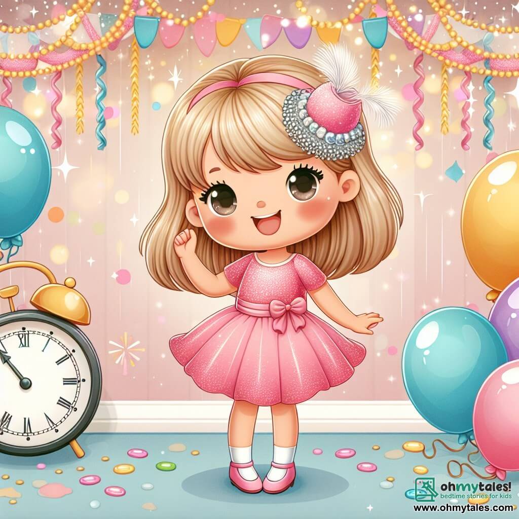 Une illustration destinée aux enfants représentant une fillette étincelante dans une robe rose, faisant la fête du Nouvel An avec un nouvel ami, entourée de ballons colorés et de guirlandes scintillantes, dans une salle décorée de manière festive avec une grande horloge indiquant minuit approchant.