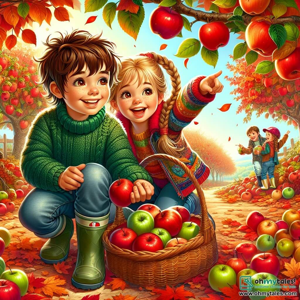 An illustration depicting a vibrant autumn orchard, with trees displaying fiery leaves in shades of red, orange, and yellow, and shiny apples hanging from the branches. In the foreground, an 11-year-old boy with messy brown hair and a bright smile is wearing a green sweater and jeans. He is crouching, holding a wicker basket filled with red and green apples, his eyes sparkling with excitement. Next to him, a 6-year-old girl with blonde hair in braids, wearing a colorful jacket and rubber boots, is pointing at a particularly large apple with a proud look, her mouth open in laughter. The scene exudes a joyful and warm atmosphere, with leaves gently falling around them and a clear blue sky in the background, creating a magical family harvest moment.