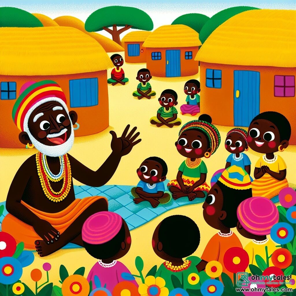 Une illustration sous forme de dessin destinée aux enfants représentant un village coloré en Afrique, avec des maisons en terre cuite et des fleurs vibrantes, où un homme sage à la peau foncée et aux cheveux grisonnants, vêtu d'une robe traditionnelle, sourit tout en racontant une histoire captivante aux enfants, dont une fille aux yeux brillants et aux nattes, qui écoute attentivement, tandis qu'un garçon aux joues rondes et aux vêtements colorés rit joyeusement, le tout dans une atmosphère ensoleillée et joyeuse, illustrant le moment où le sage partage la leçon précieuse de la sagesse et de la détermination.