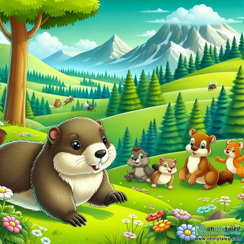 Une illustration destinée aux enfants représentant une marmotte curieuse et aventureuse, accompagnée d'un groupe d'amis animaux, explorant un magnifique pré verdoyant entouré de collines ondulantes et d'une forêt enchantée.