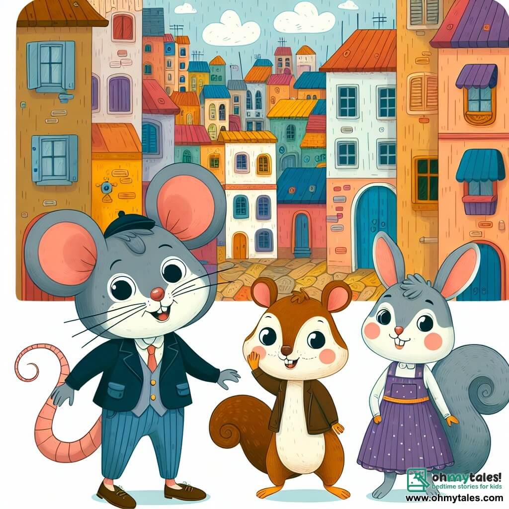 Une illustration destinée aux enfants représentant un malicieux rat garçon, accompagné d'une écureuil fille et d'un lapin garçon, dans une ville animée remplie de bâtiments colorés et de rues étroites.