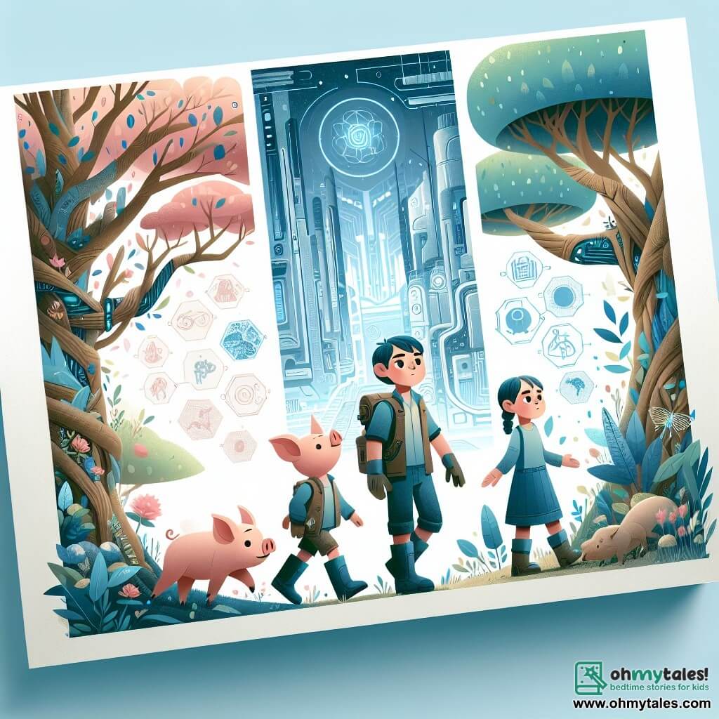 Une illustration destinée aux enfants représentant un jeune cochon curieux, deux de ses frères, un rêveur et un pragmatique, explorant une forêt enchantée aux arbres majestueux, dans un monde futuriste mélangeant technologie et nature.