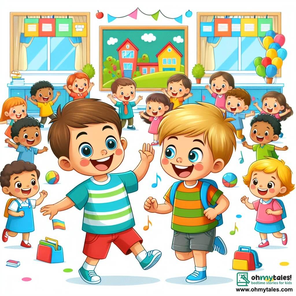 Une illustration destinée aux enfants représentant un petit garçon plein de joie, découvrant avec excitation une nouvelle amie dans sa classe, tandis qu'ils explorent ensemble une école colorée et animée par des enfants curieux et enthousiastes.