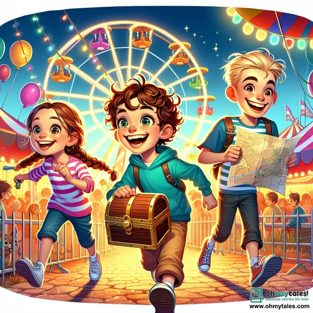 Une illustration sous forme de dessin destinée aux enfants représentant un carnaval coloré et animé, avec un garçon de 11 ans aux cheveux bouclés et aux yeux pétillants, tenant une carte au trésor dans une main et un petit coffre en bois dans l'autre, entouré de ses deux amis : une fille aux cheveux bruns et tressés, qui sourit avec enthousiasme, et un garçon blond, athlétique et souriant, tous trois en train de chercher un indice près d'une grande roue illuminée, tandis que des ballons flottent dans l'air et que des rires d'enfants résonnent autour d'eux.