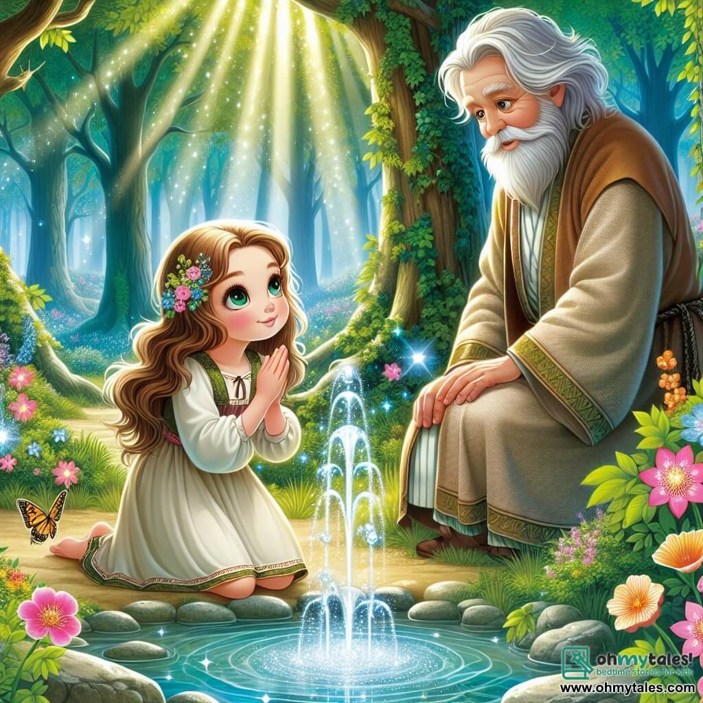Une illustration sous forme de dessin destinée aux enfants représentant une clairière enchantée au cœur des Whispering Woods, où une fille de 11 ans aux yeux noisette brillants et aux cheveux châtains ondulés s'agenouille près d'une fontaine scintillante, écoutant attentivement les murmures des arbres, tandis qu'un vieux sage aux cheveux argentés et à la barbe longue, vêtu d'une robe de lin, l'observe avec bienveillance, entouré de fleurs colorées et de rayons de soleil filtrant à travers le feuillage, capturant l'instant magique où la quête de la vérité et du bonheur commence.