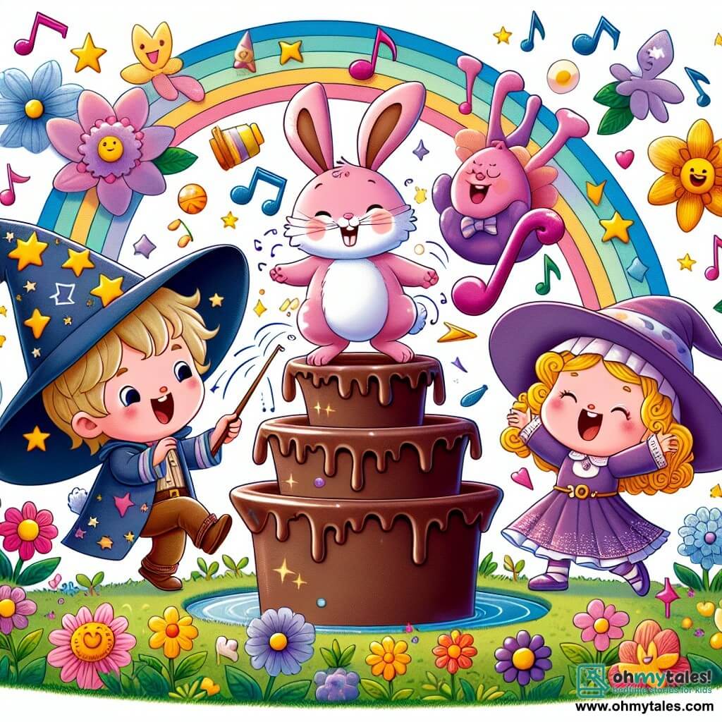 Une illustration sous forme de dessin destinée aux enfants représentant un jardin enchanté rempli de fleurs colorées et chantantes, où un jeune apprenti sorcier garçon avec un grand chapeau pointu orné d'étoiles et de lunes, tenant une petite cuillère, tente de rattraper un adorable lapin rose aux grandes oreilles et au sourire espiègle qui danse joyeusement autour d'une fontaine en chocolat, tandis qu'une petite sorcière fille aux cheveux bouclés et à la robe violette rit aux éclats, créant une ambiance magique et amusante.