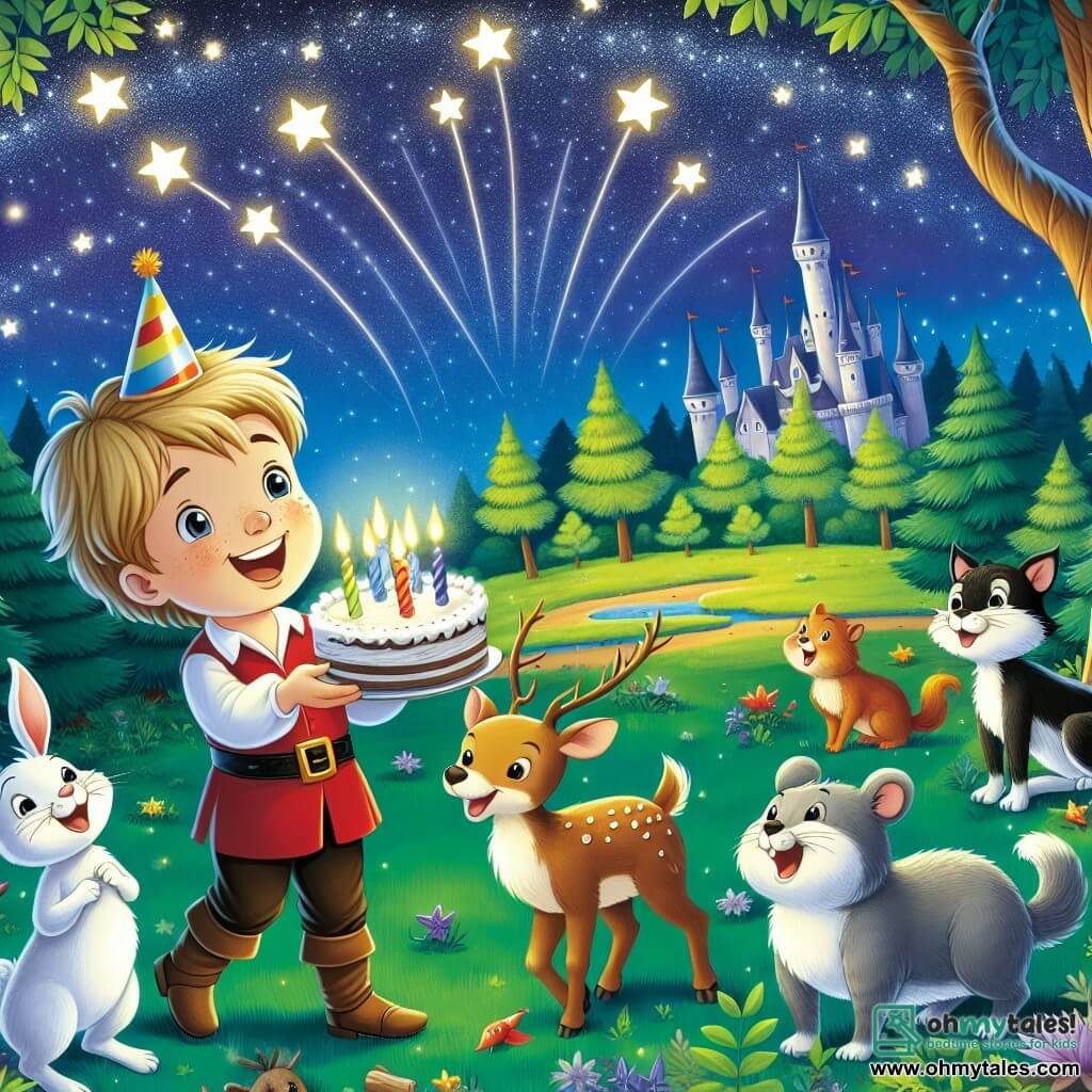Une illustration destinée aux enfants représentant un petit garçon joyeux fêtant son anniversaire avec ses amis animaux dans la magnifique clairière enchantée de la Forêt Enchantée, sous un ciel étoilé et scintillant.