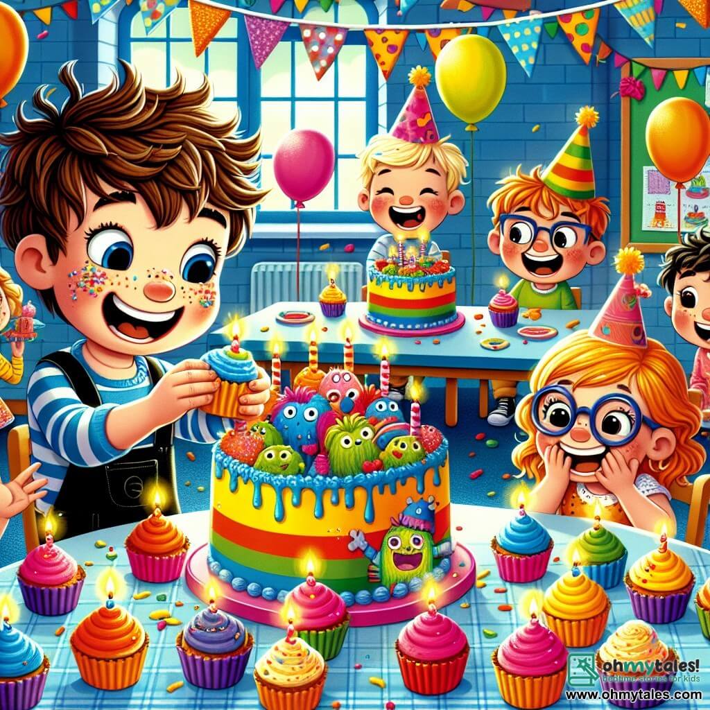 The illustration depicts a joyfully decorated classroom for a birthday celebration. The walls are adorned with colorful streamers and floating balloons, while a large table in the center is covered with bright tablecloths and multicolored cupcakes. In the foreground, a 7-year-old boy with messy brown hair and a beaming smile is decorating a cupcake with blue frosting. Next to him, another 7-year-old boy with blonde hair and glasses laughs with cream on his nose. A 6-year-old girl with curly hair in a pink dress proudly shows off her monster-shaped decorated cupcake, her eyes sparkling with joy. The scene captures the excitement and creativity of the children as they enjoy decorating cupcakes for the birthday celebration. Laughter and splashes of frosting add a playful touch to the festive atmosphere. In the background, a large colorful birthday cake sits on the table, surrounded by lit candles.