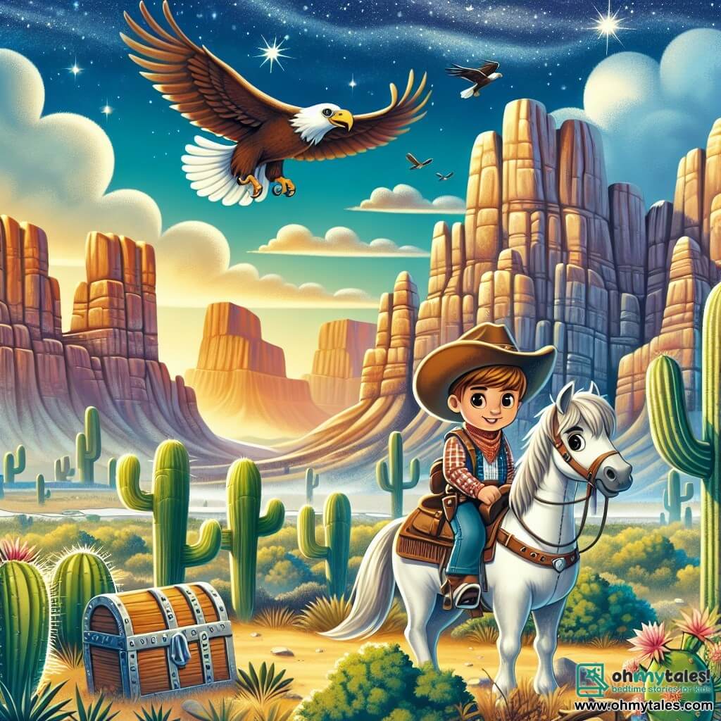 Une illustration sous forme de dessin destinée aux enfants représentant un vaste paysage de Cactus Canyon, avec des formations rocheuses majestueuses et un ciel bleu éclatant, où un jeune cowboy aux cheveux châtains, portant un large chapeau de cowboy et une chemise à carreaux, monte fièrement son cheval blanc nommé Star, tandis qu'un majestueux aigle survole la scène, symbolisant l'aventure et la découverte, alors qu'ils s'apprêtent à explorer une alcôve cachée où un vieux coffre au trésor scintille au soleil, évoquant le courage et la détermination du héros dans sa quête.