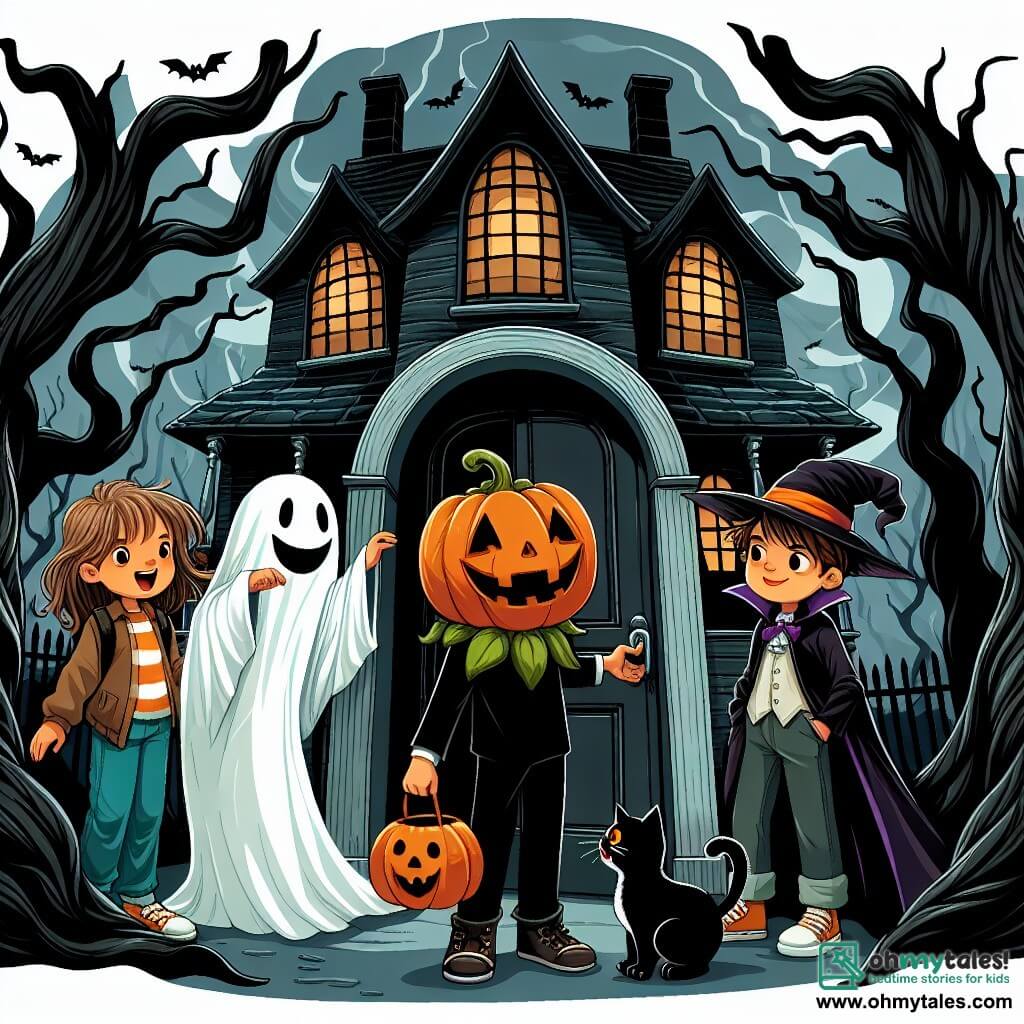 Une illustration sous forme de dessin destinée aux enfants représentant une vieille maison hantée aux fenêtres sombres, entourée de grands arbres aux branches tordues, où un garçon de 9 ans, vêtu d'un costume de citrouille avec un chapeau en forme de tige, se tient courageusement devant la porte d'entrée, tandis que deux de ses amis, une fille déguisée en fantôme avec un drap blanc flottant autour d'elle et un garçon en vampire avec des dents rouges, l'encouragent à entrer, alors qu'un chat noir aux yeux brillants les observe depuis le seuil, créant une atmosphère à la fois effrayante et amusante, parfaite pour Halloween.