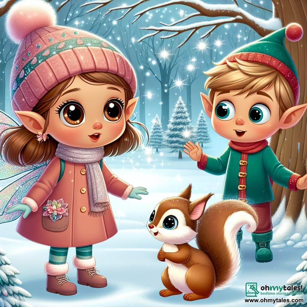 Une illustration destinée aux enfants représentant une petite fille aux grands yeux bruns, découvrant un elfe magique, accompagnée d'un écureuil parlant, dans une forêt enneigée scintillante de diamants.