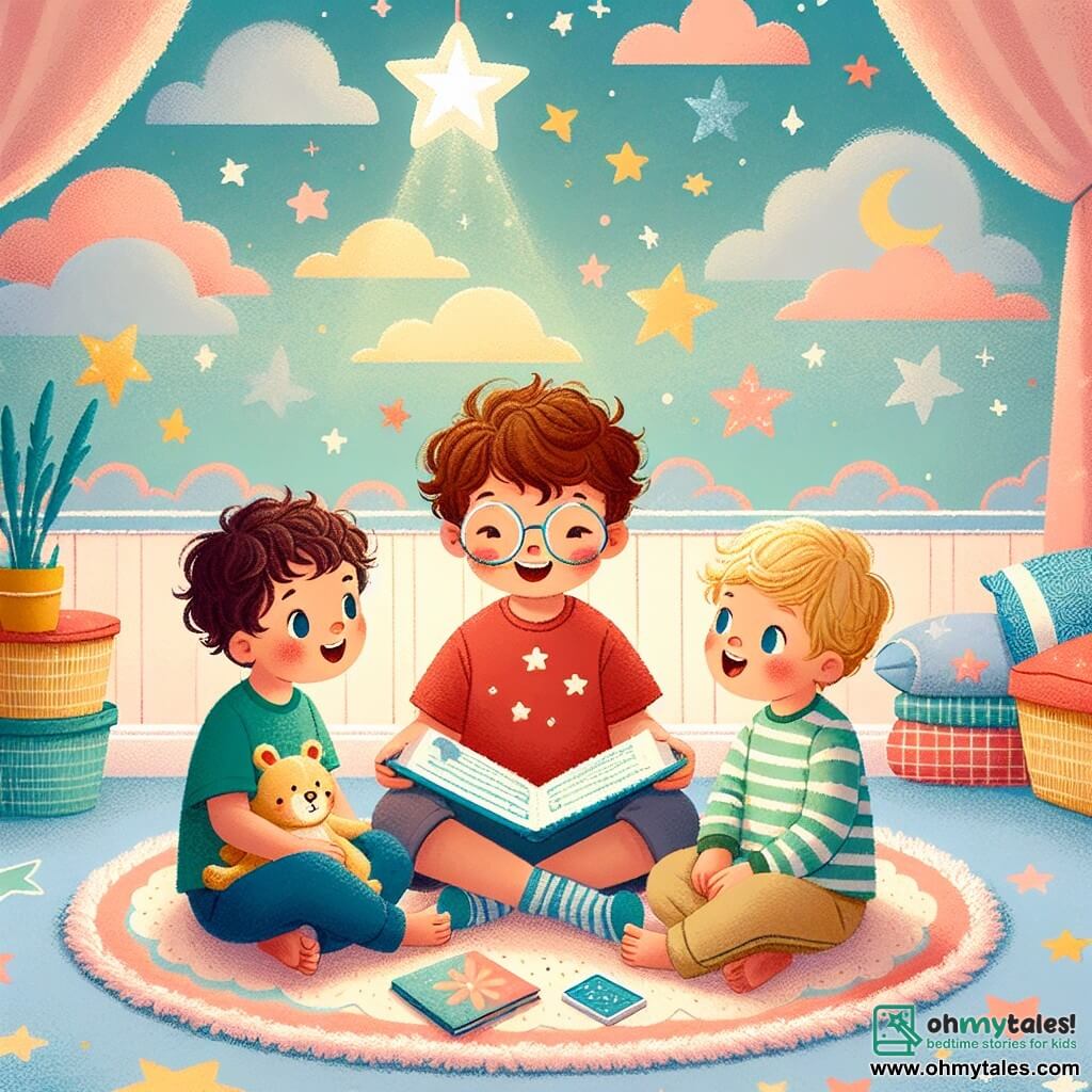 The illustration depicts a warm scene in a children's room. The walls are decorated in pastel colors with painted stars and clouds. A fluffy rug covers the floor, and a soft light emanates from a star-shaped nightlight. Three boys, aged about 6 to 7 years, sit in a circle on the rug. The first boy, with curly brown hair, wears a red t-shirt and blue shorts. He holds an open book and smiles, sharing a story. The second boy, with blonde hair and glasses, is dressed in a green t-shirt and beige pants. He gazes at the book with bright, excited eyes. The third boy, with straight brown hair, wears striped pajamas and snuggles against the others, looking both curious and comforted. The main scene shows the boys engrossed in their reading, surrounded by a soft and comforting atmosphere. The nightlight casts gentle shadows on the walls, turning the fear of darkness into a moment of magic and friendship. Colorful toys are scattered around them, adding a touch of joy to the ambiance.