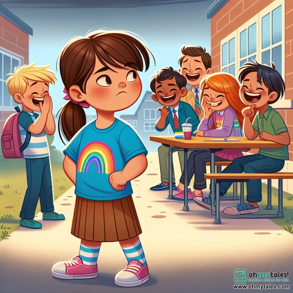 Une illustration sous forme de dessin destinée aux enfants représentant une cour d'école animée, où une fille de 11 ans aux cheveux bruns en ponytail et portant un t-shirt bleu avec un arc-en-ciel se tient courageusement devant un groupe de camarades, dont un garçon aux cheveux blonds et un autre garçon aux cheveux bruns, qui rient de manière moqueuse, tandis qu'une autre fille aux cheveux colorés, assise seule à une table, regarde la scène avec un mélange de tristesse et d'espoir, symbolisant le thème du harcèlement et l'importance de la solidarité.