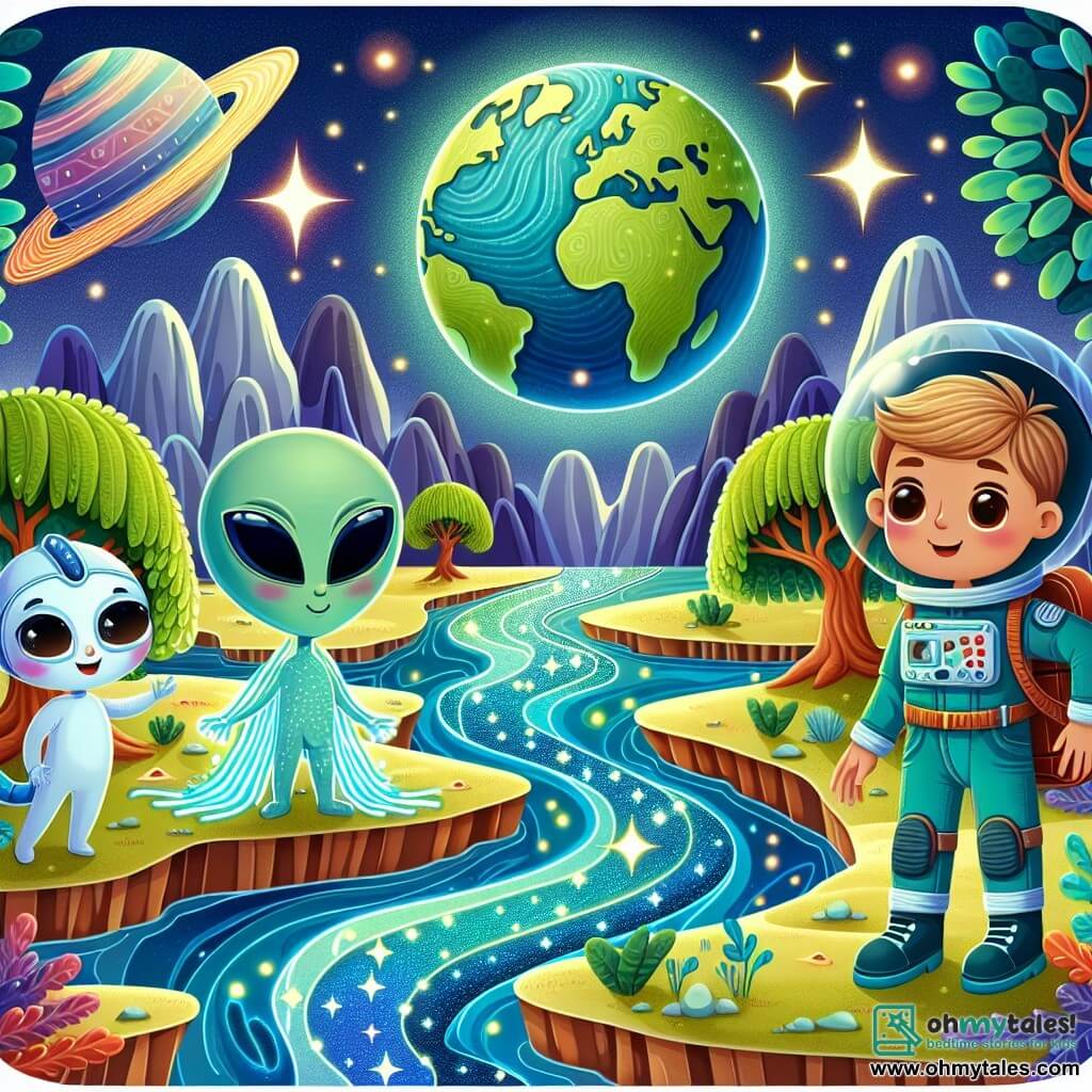 Une illustration destinée aux enfants représentant un jeune astronaute courageux, une extraterrestre bienveillante et la planète Xylophoria, une planète aux arbres luminescents et aux rivières scintillantes, où une mission de sauvetage intergalactique se déroule.