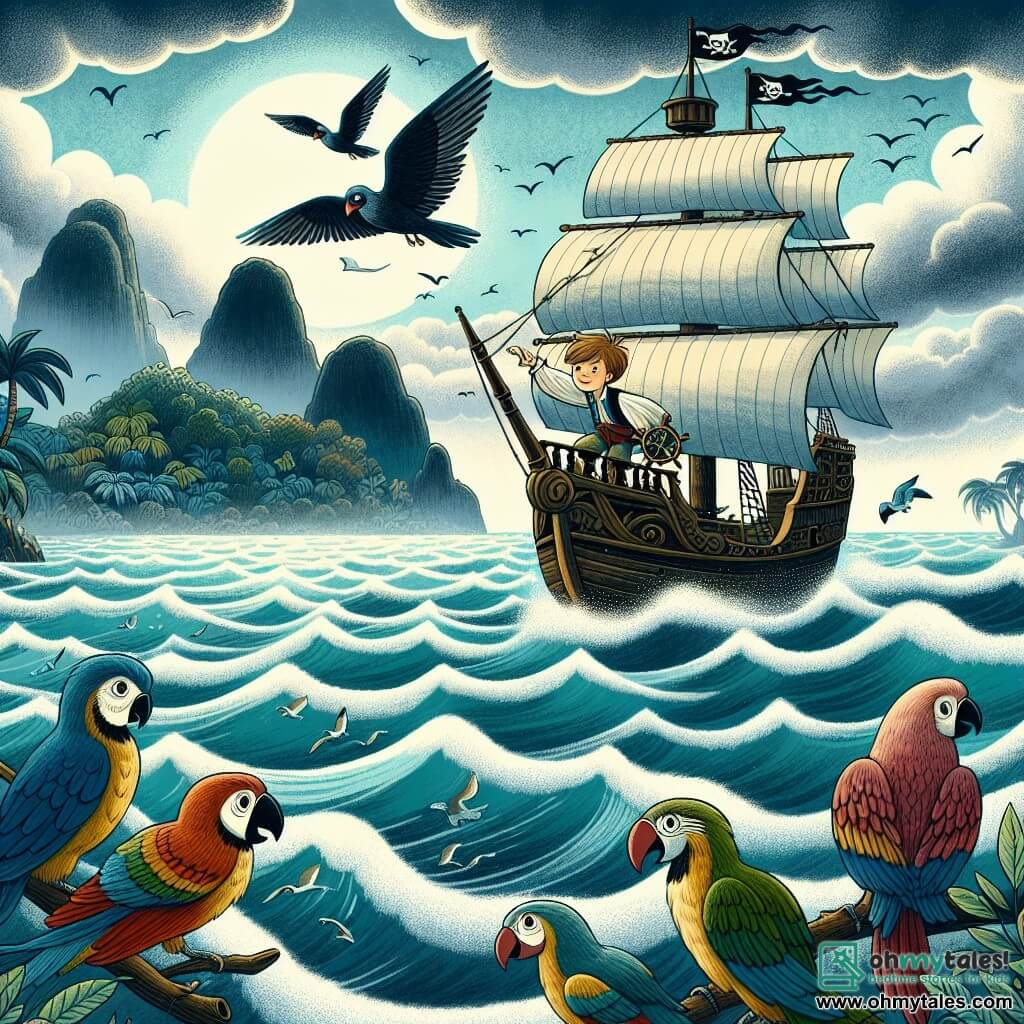 Une illustration destinée aux enfants représentant un courageux capitaine pirate, un jeune garçon intrépide, naviguant sur un navire majestueux au milieu d'une mer agitée, entouré de ses fidèles compagnons à plumes colorées, voguant vers une île mystérieuse enveloppée de brume.