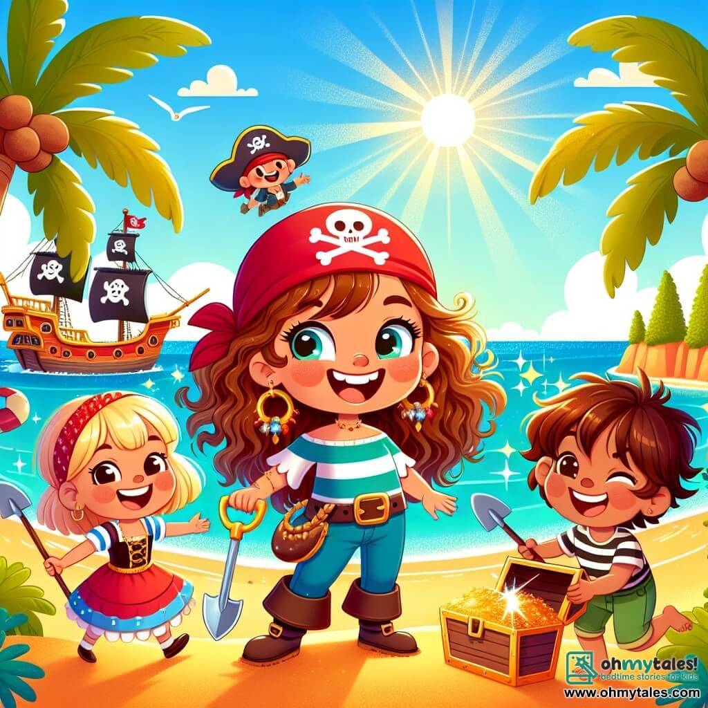 Une illustration sous forme de dessin destinée aux enfants représentant une île tropicale ensoleillée avec des palmiers verdoyants et des plages de sable doré, où une courageuse pirate femme aux cheveux longs et bouclés, portant un bandana rouge et un sourire éclatant, se tient fièrement sur le pont de son navire coloré, entourée de son joyeux équipage composé d'un garçon aux cheveux blonds et aux yeux pétillants, riant tout en tenant une pelle, et d'une fille rapide aux cheveux bruns qui pointe vers une carte au trésor, alors qu'ils se préparent à déterrer un coffre scintillant rempli de trésors sous un grand palmier, avec des vagues scintillantes et un ciel bleu clair en arrière-plan.