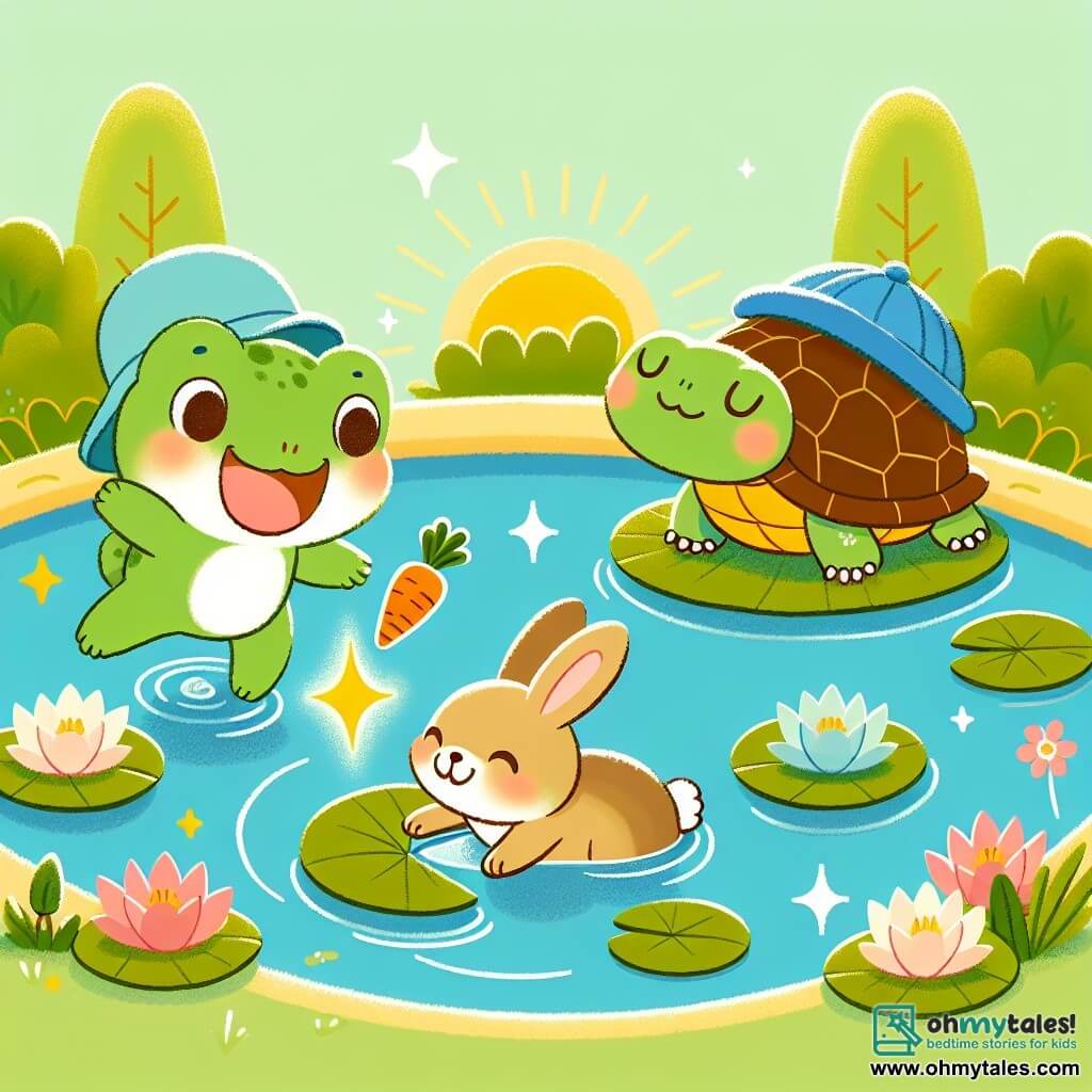 Une illustration sous forme de dessin destinée aux enfants représentant un charmant étang ensoleillé avec des nénuphars flottants, où une petite grenouille verte portant un chapeau bleu saute joyeusement au-dessus de l'eau, tandis qu'à ses côtés, une adorable lapine aux grandes oreilles, au pelage doux et brun, grignote une carotte, et un tortue au dos brillant et vert se prélasse au soleil, tous trois riant ensemble après avoir découvert un trésor scintillant sous un nénuphar.