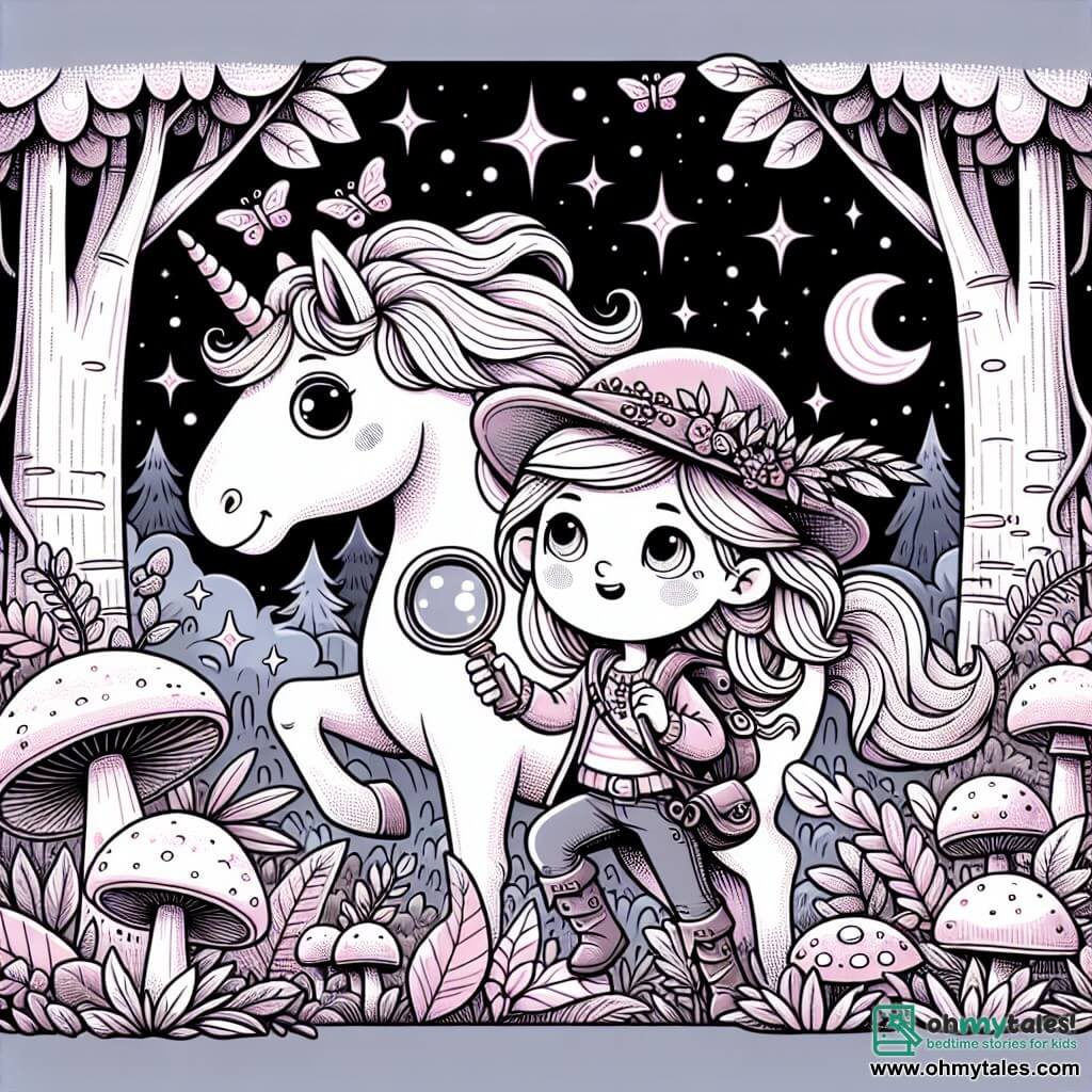 Une illustration destinée aux enfants représentant une jeune fille intrépide découvrant un royaume magique en compagnie d'une licorne majestueuse, dans une forêt enchantée aux champignons géants et aux lucioles dansant.